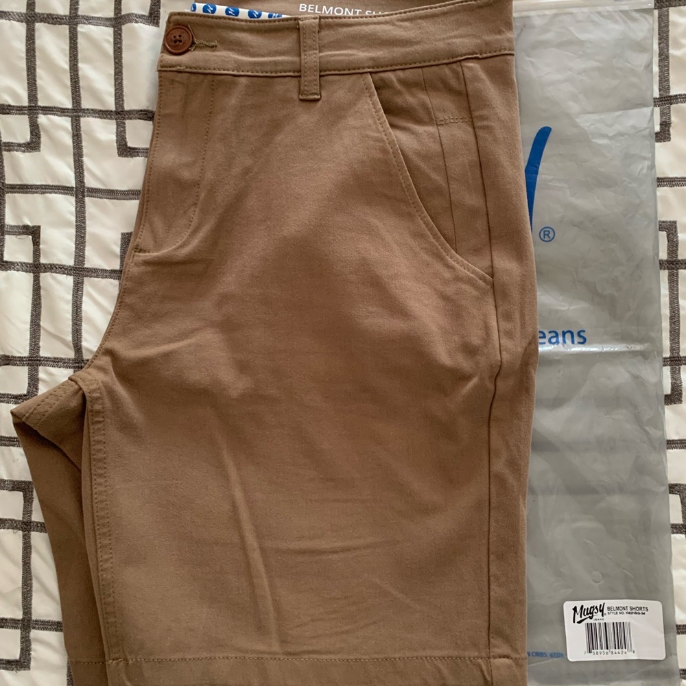 Mugsy Men's Belmont Shorts, Khaki Brown, Size 34, 9" Inseam, Stretch, Chino